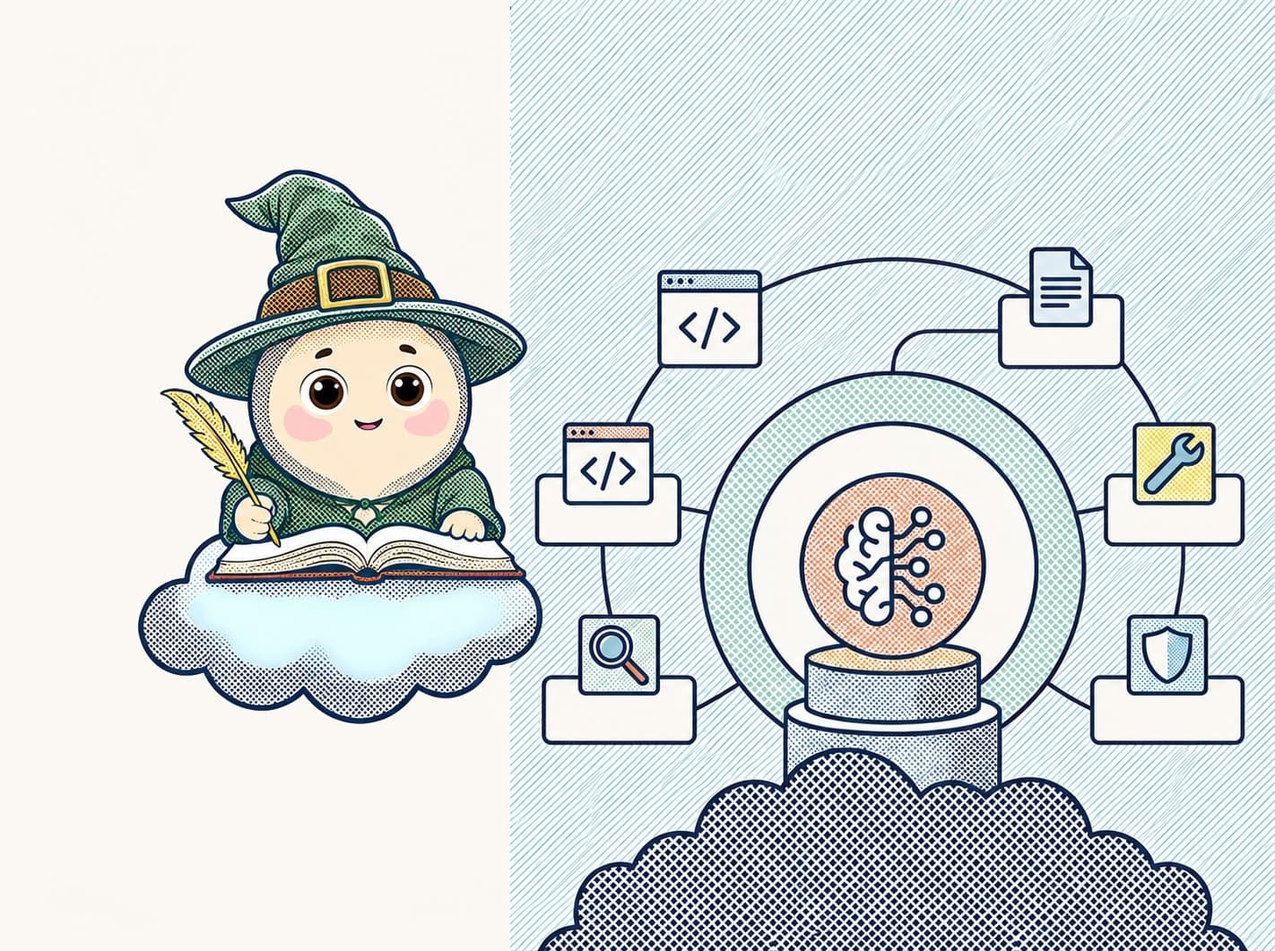 A wizard writing in a book beside a neural core wired to code, document, tooling and security panels