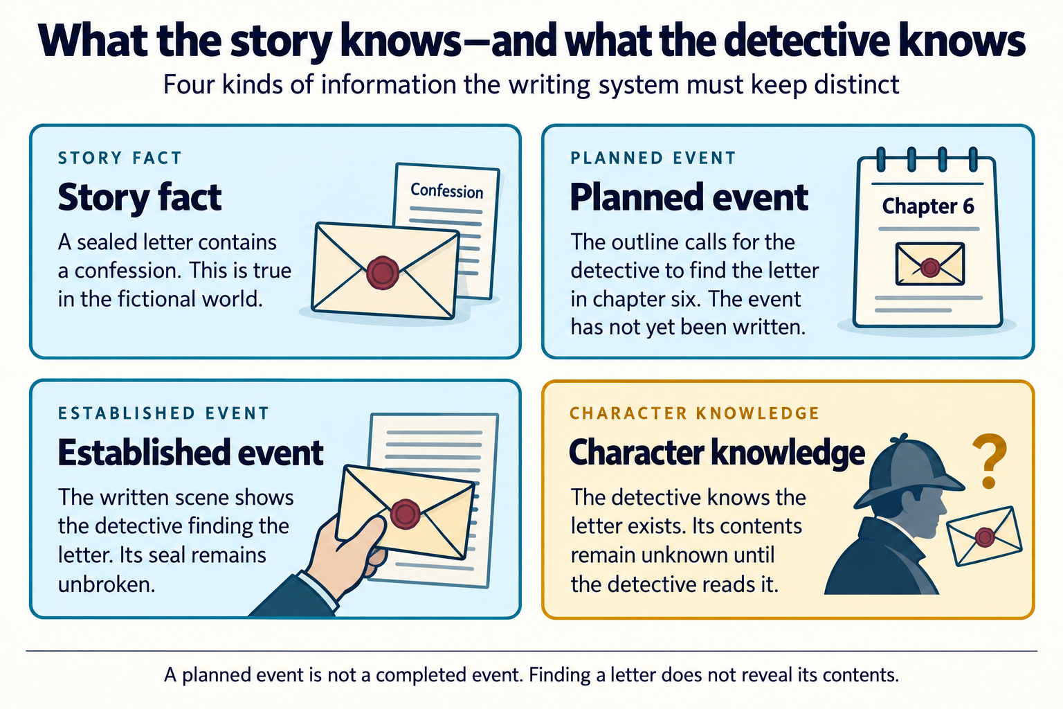 Four distinct kinds of story information: a letter contains a confession, its discovery is planned for chapter six, the written scene establishes finding it, and the detective only knows its contents after reading it.